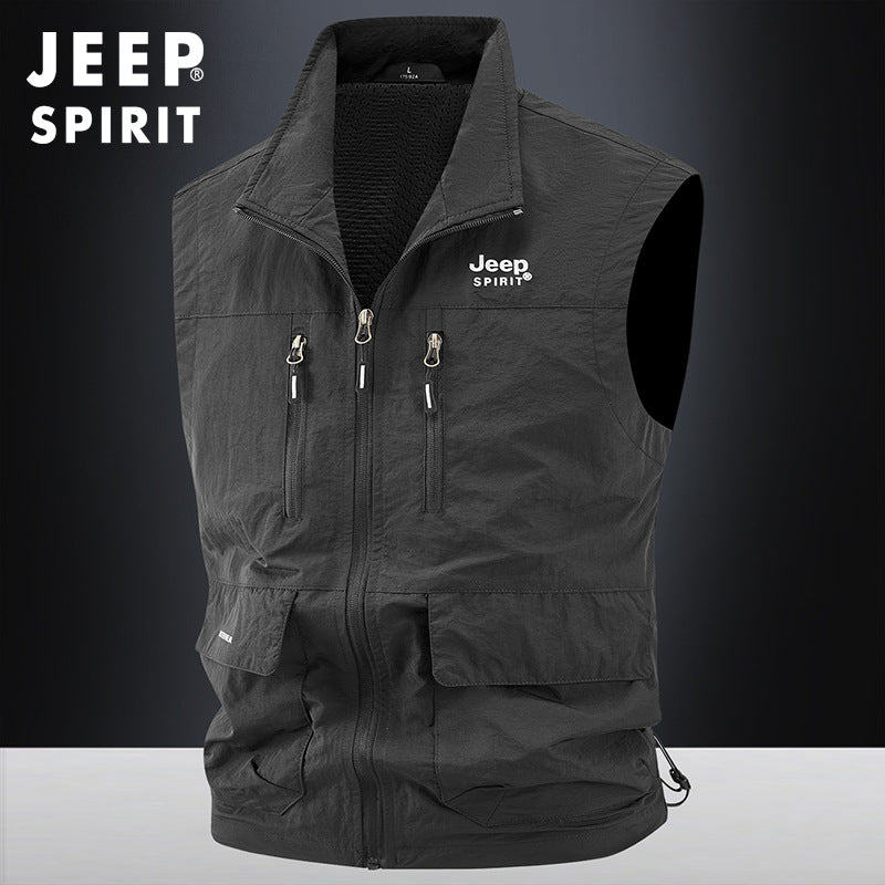 Men's Casual Work Vest with Multiple Zipper Pockets Windproof Stand Collar Sleeveless Jacket